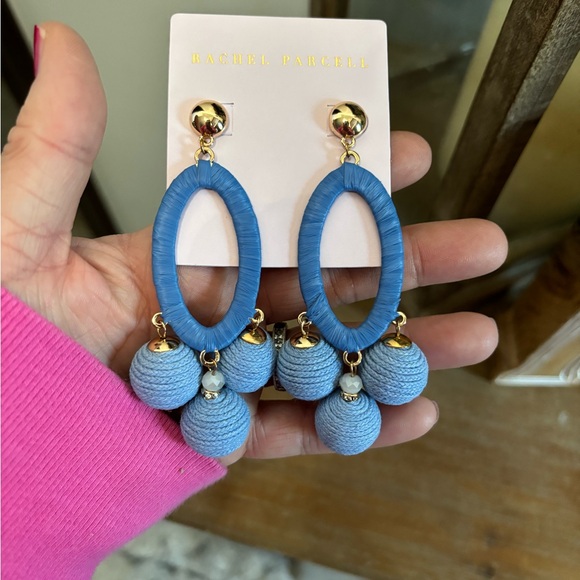 RACHEL PARCEL GOLD TONE BLUE THREAD CHANDELIER EARRINGS NWT - Picture 4 of 4